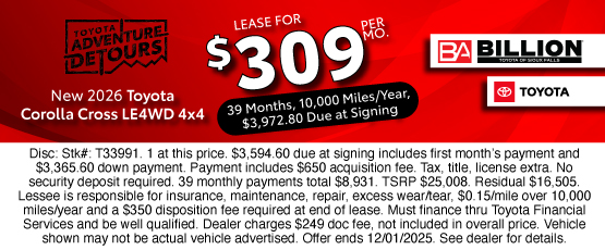 25NOV_BILT_LEASE_NEW 2026 TOYOTA COROLLA CROSS LE