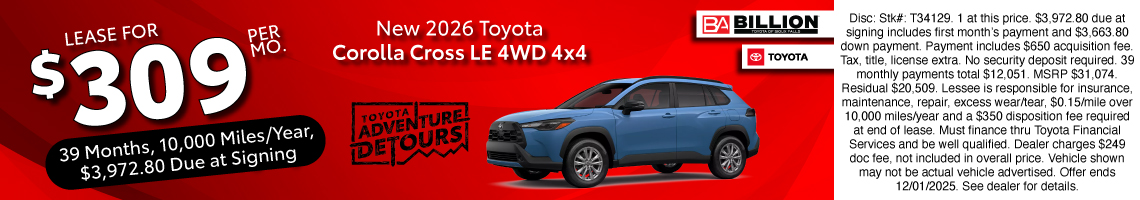 25NOV_BILT_LEASE_NEW 2026 TOYOTA COROLLA CROSS LE