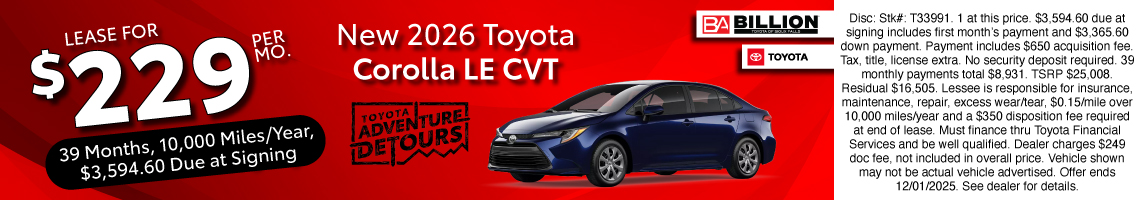 25NOV_BILT_LEASE_NEW 2026 TOYOTA COROLLA LE