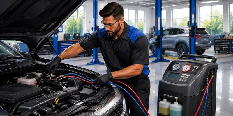 Technician servicing a vehicle air conditioning system at a modern service center