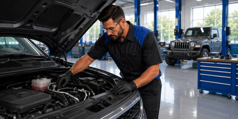 Technician inspecting air conditioning components under the hood