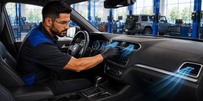 Illustrated vehicle dashboard showing cool airflow from the air conditioning vents
