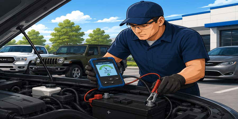 Technician performing battery diagnostics at Landmark service