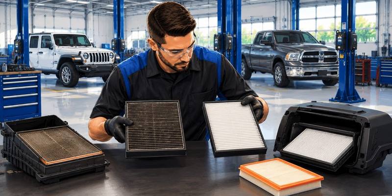 Dirty and clean engine and cabin air filters during service