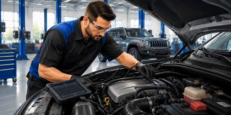 Technician performing engine diagnostics at Landmark service center
