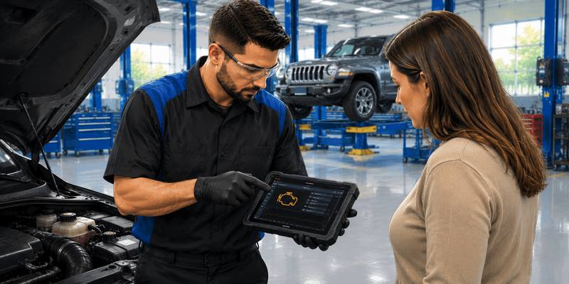Technician explaining check engine light diagnostics at Landmark