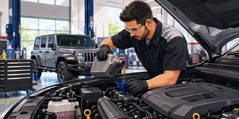 Technician performing an oil change on a vehicle