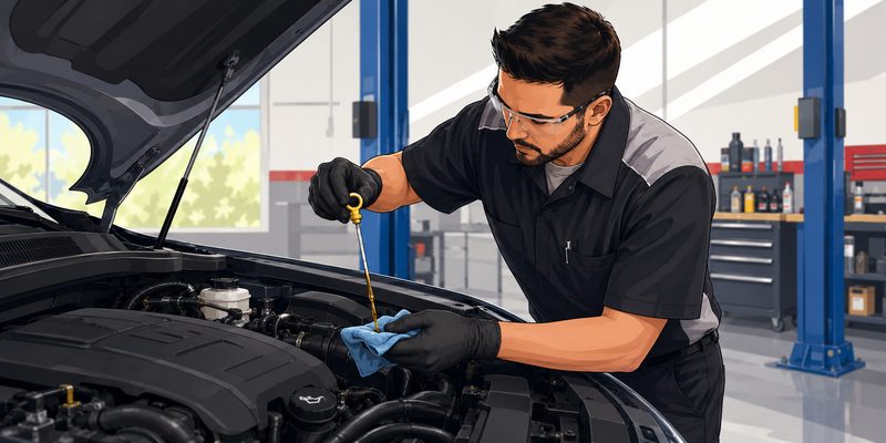 Technician checking engine oil with a dipstick
