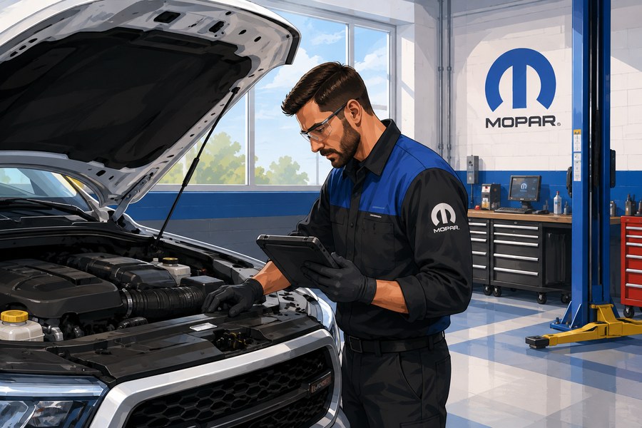 Illustrated Mopar technician inspecting a vehicle