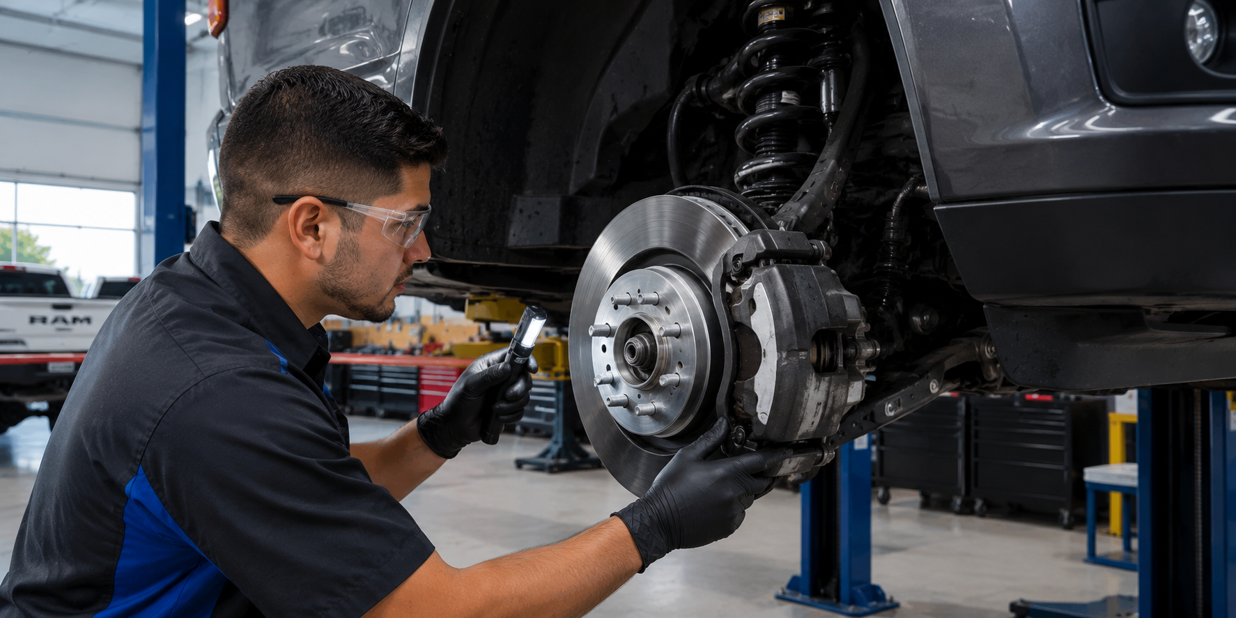 Technician performing brake service at Landmark in Independence Missouri